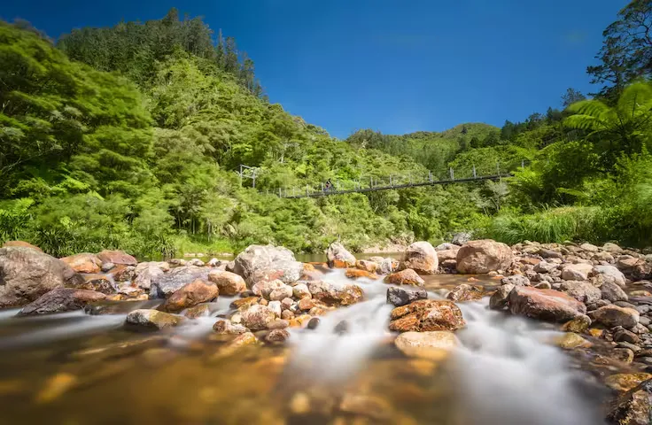 Historic swing suspension bridge spanning the clear river and rocks of Karangahake Gorge.
