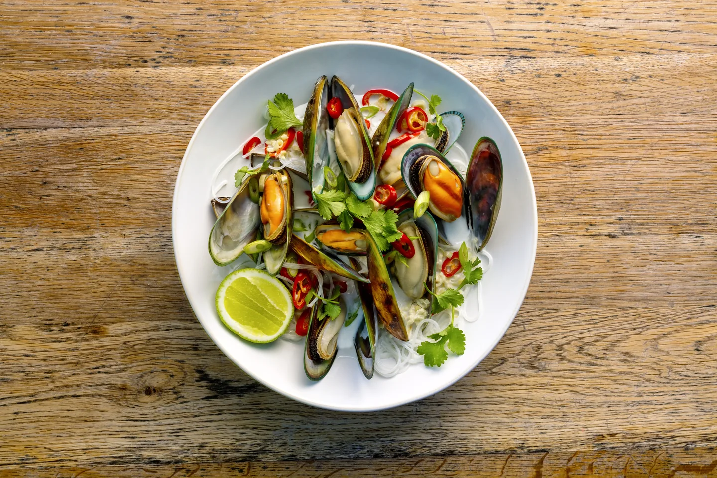 Mussels with chilli, coconut and noodles.