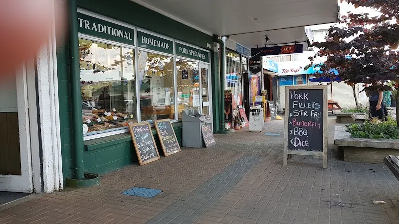 Traditional homemade pork and smoked bacon storefront in Pōkeno town centre.