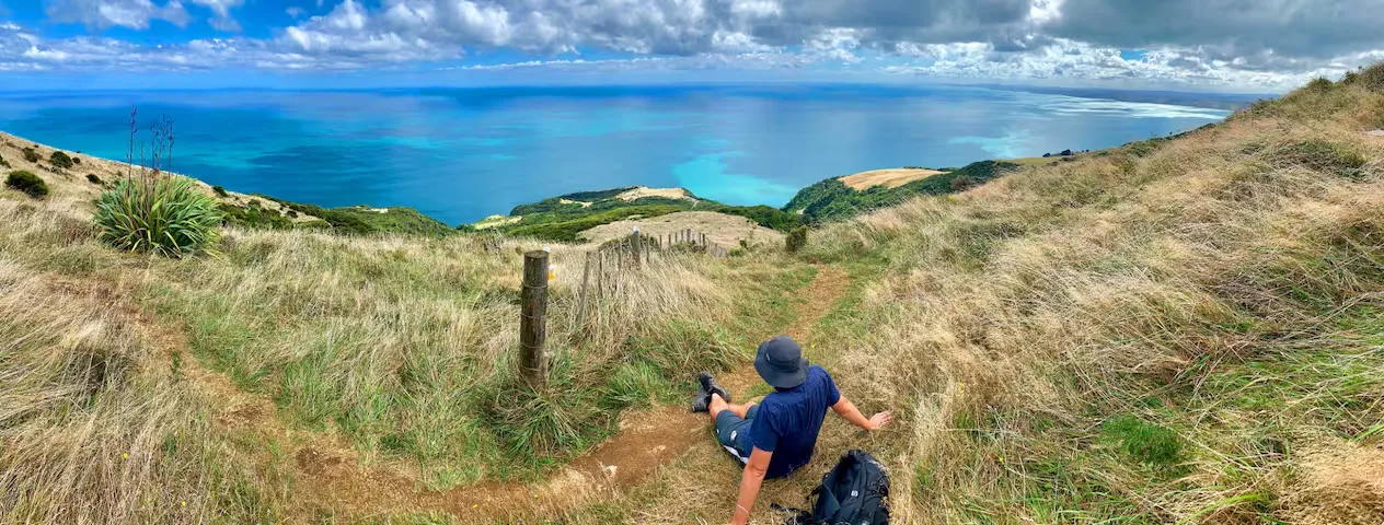 Hiker on the Mt Karioi ridge trail looking out over the panoramic Tasman coastline.