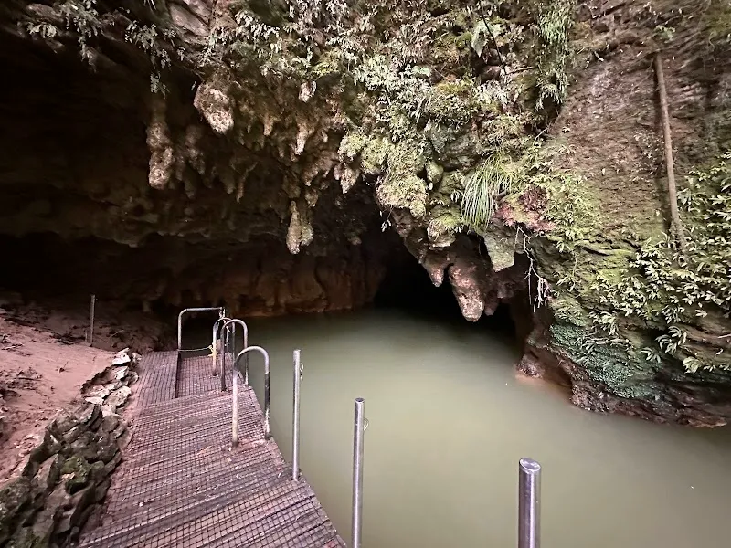 Subterranean limestone cave opening and boat jetty inside the Waitomo Caves.