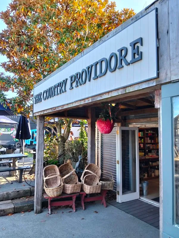 The Country Providore store with rustic wicker baskets outside Punnet Eatery in Tamahere.