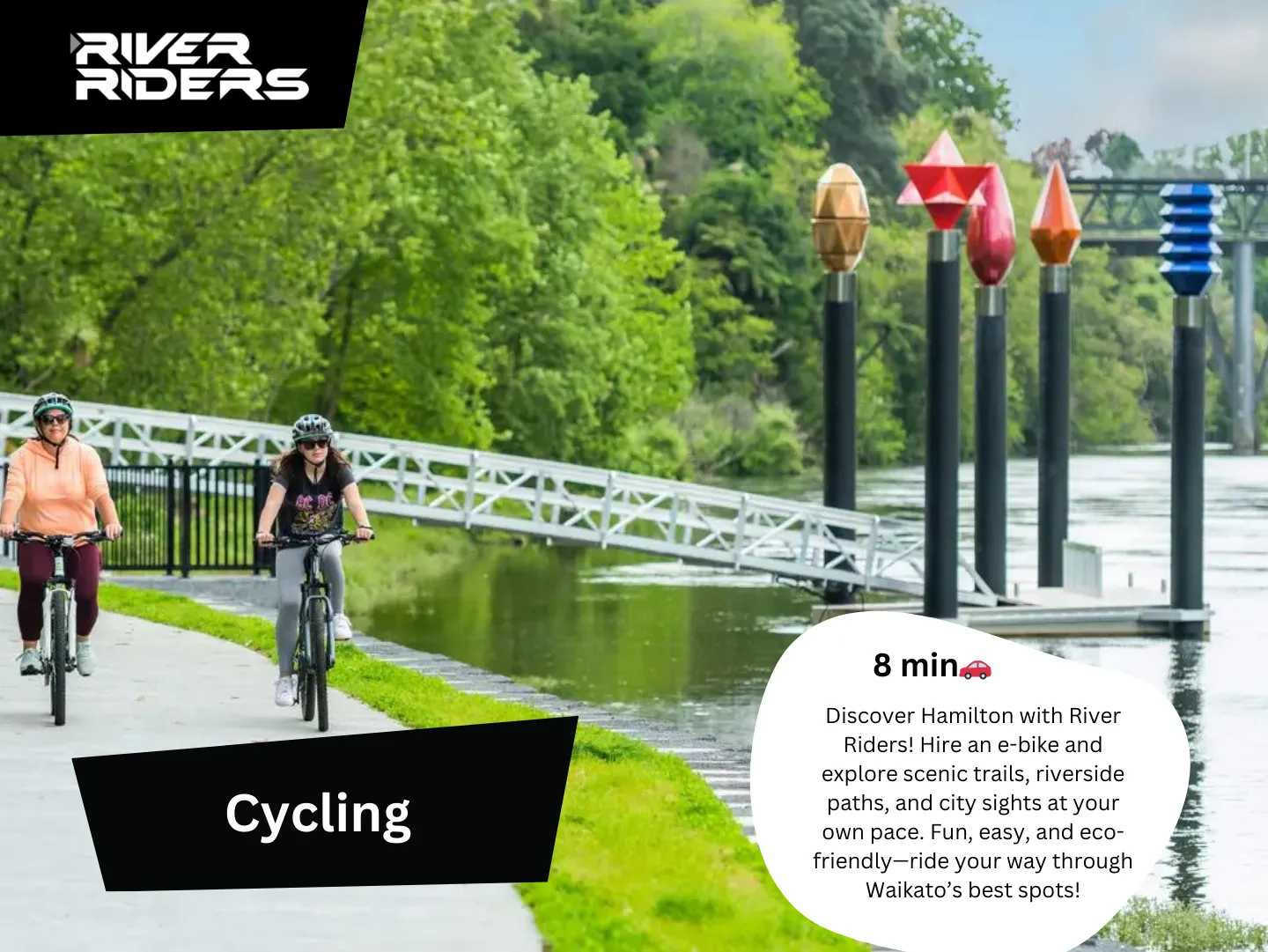 Original guidebook panel: river riders cycling waikato river