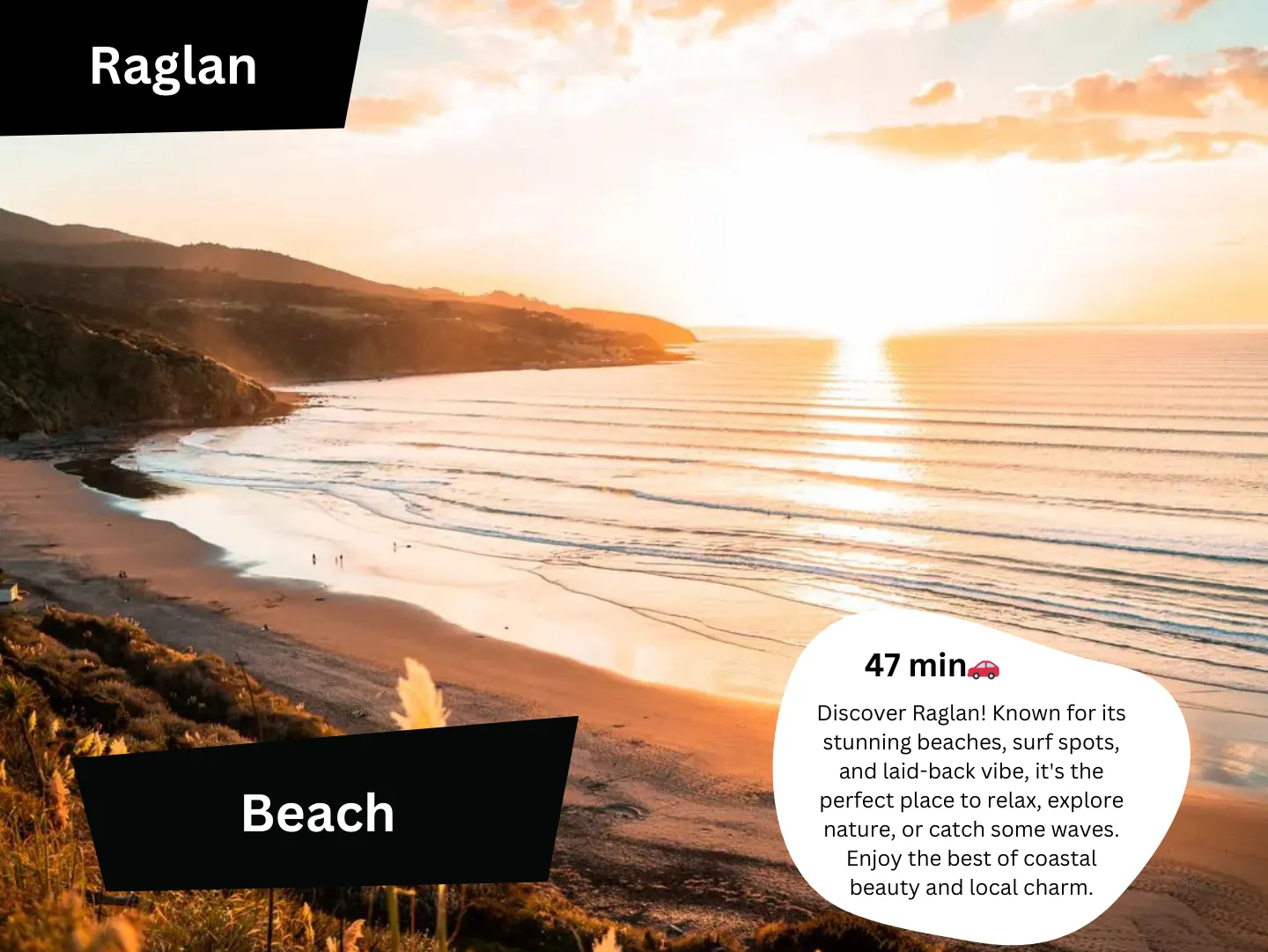 Original guidebook panel: raglan ngarunui beach coastal sunset