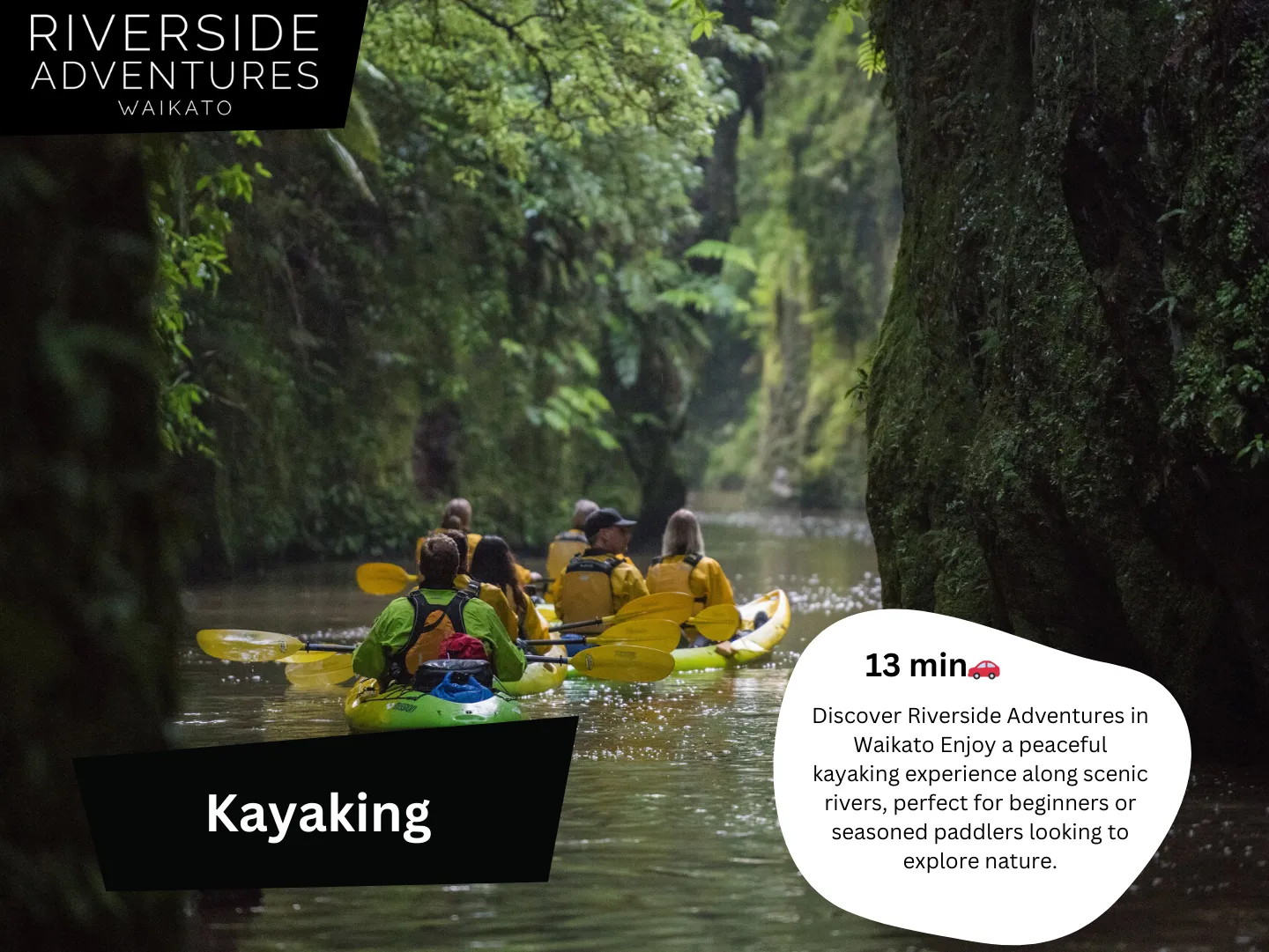 Original guidebook panel: riverside adventures waikato kayaking